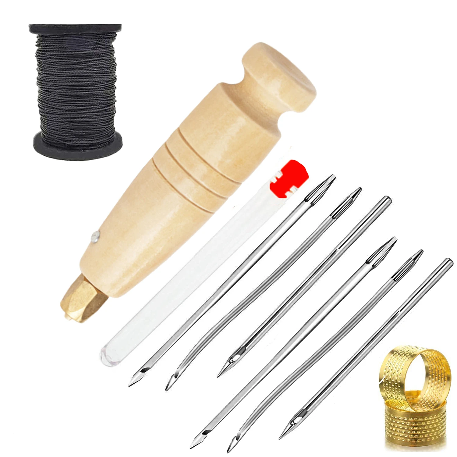 Leather Sewing Kit DIY Leather Sewing Awl Needle with Wooden Handle Set Leather Canvas Tent Shoes Repairing Tool