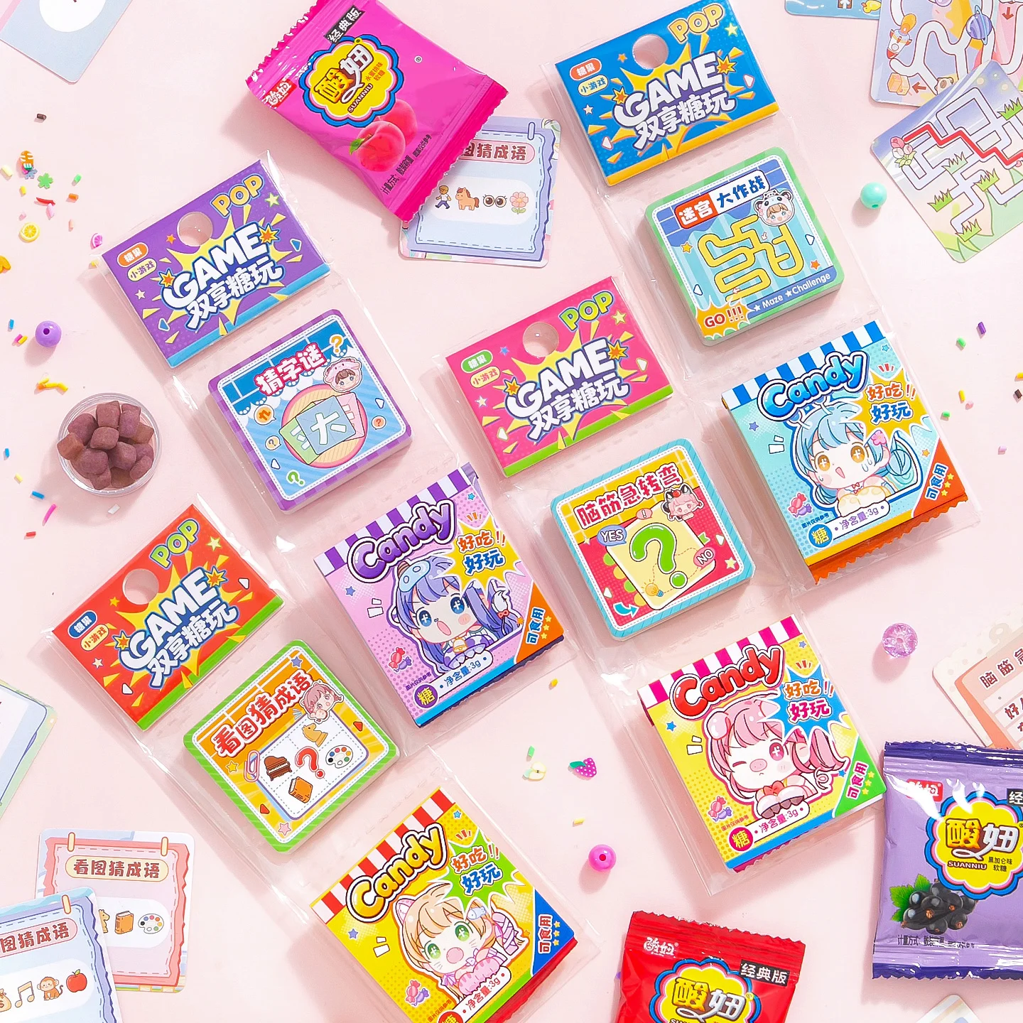 24Pcs Candy Game White Card Sticker Packs, Cute Anime Girl Word Riddle Maze Puzzle Game Stickers for Kids Stationery Journal DIY