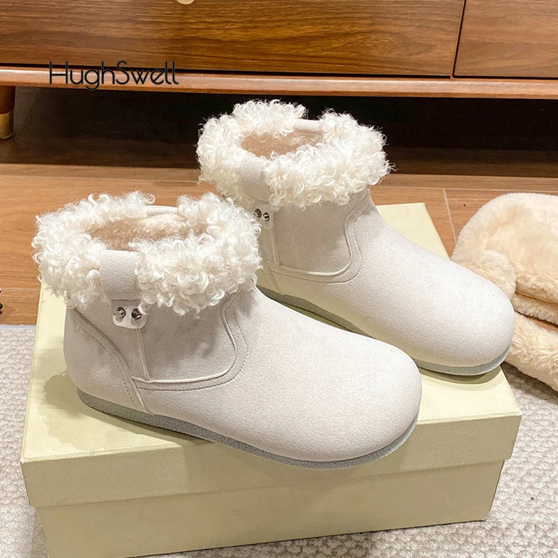 

Shearling Turned-Over Snow Boots Woman Thick Fur Rubber Sole Flat Booties Ladies Winter Brand Design Casual Slip-on Plush Botas