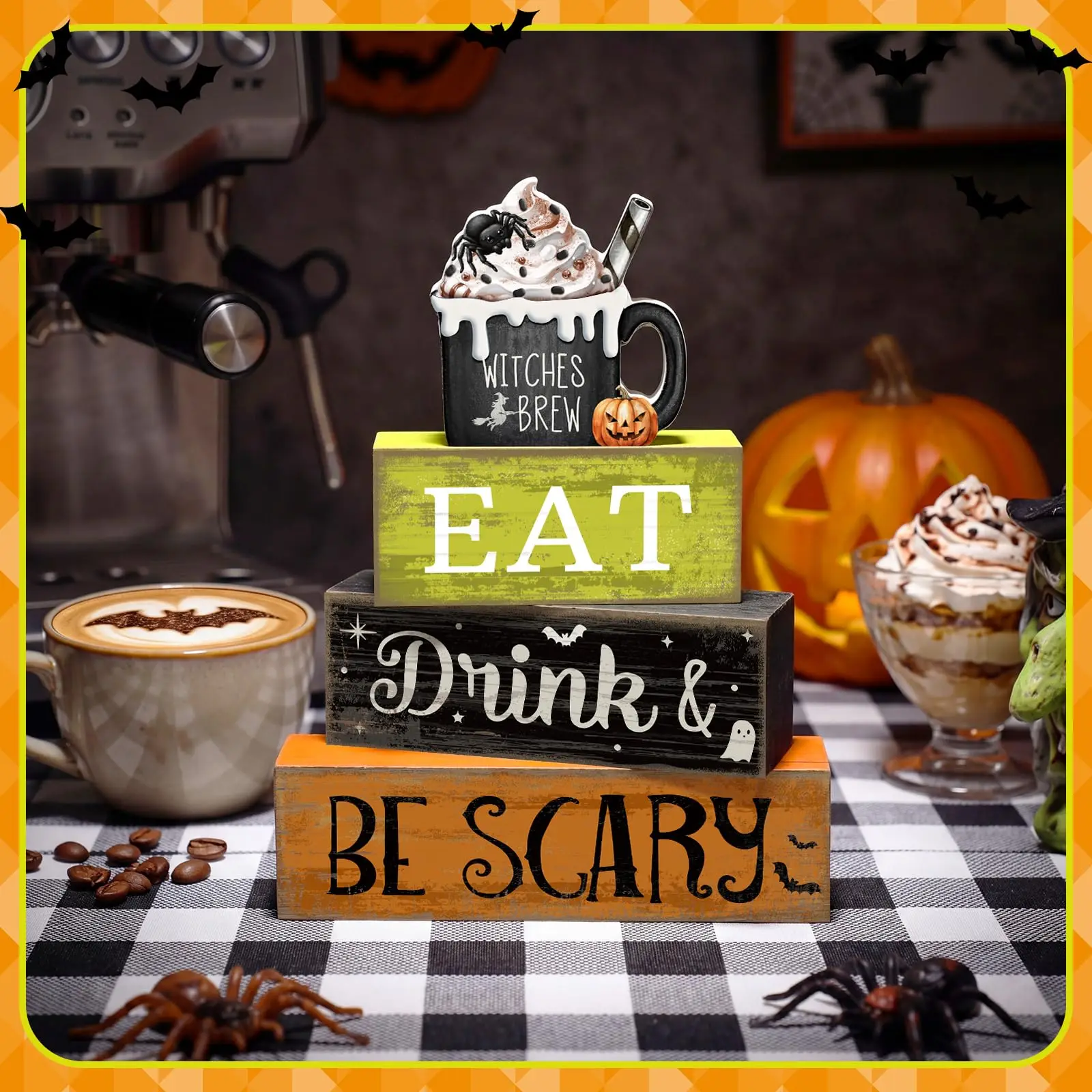4 Pcs Halloween Table Decor - "Eat Drink & Be Scary" Witch Brew Themed Stackable Block Signs, Rustic Farmhouse Halloween Table Centerpieces for Home Kitchen Dining Coffee Bar