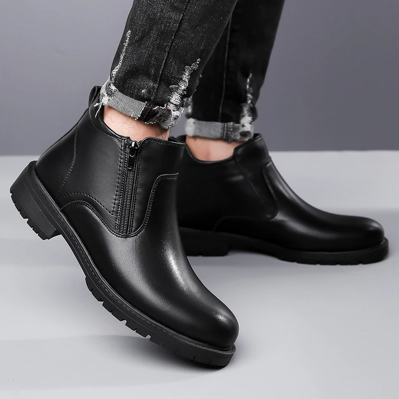 Men's High-Top Leather Shoes Comfortable Wear-Resistant Anti-Slip Chelsea Boots Trendy All-Match British Style-18185