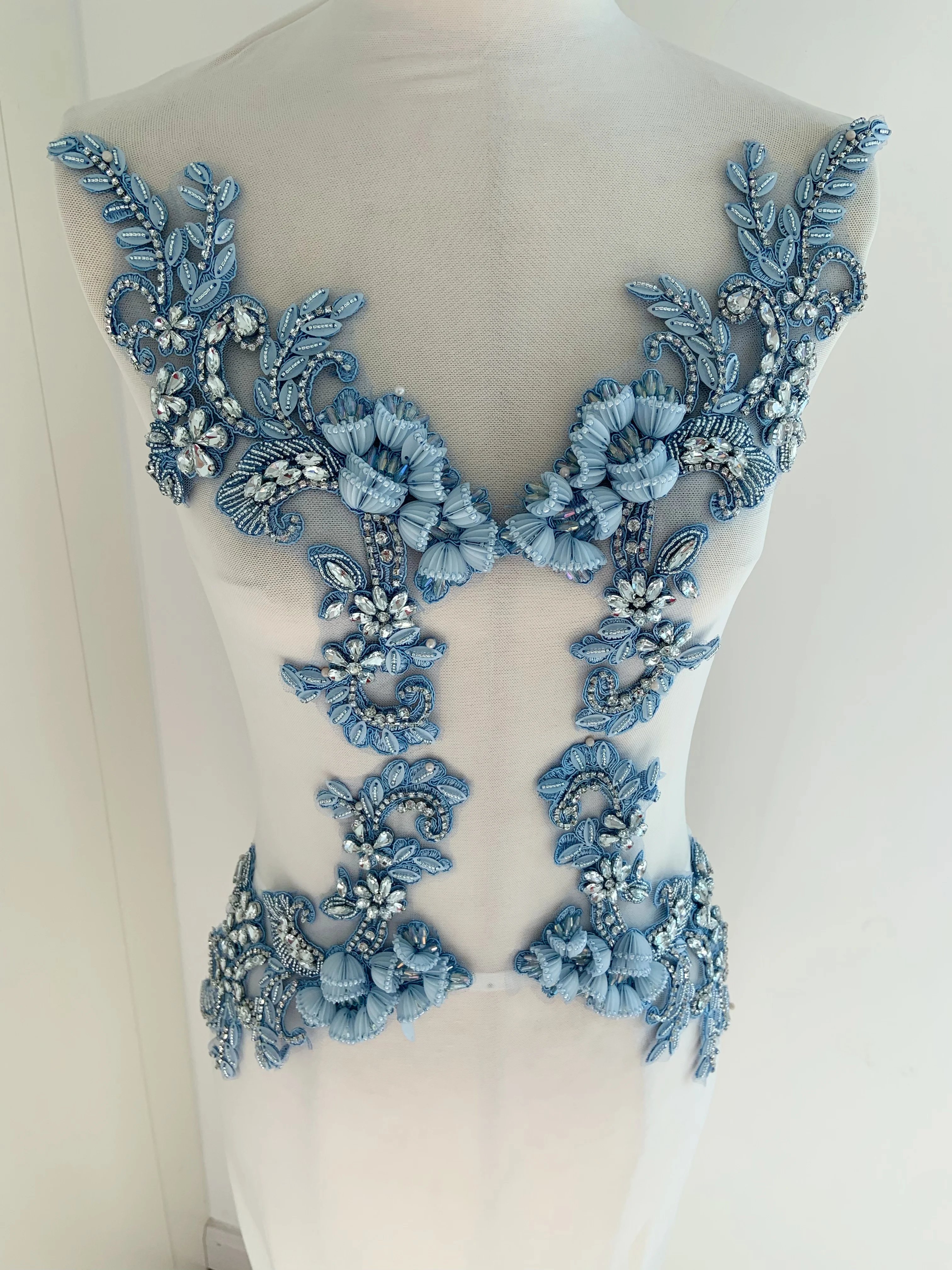 

1 Pair BLue Crystal Bead Motif Applique For Dance Costume Rhinestone Bodice For Wedding Dress Ball Gown