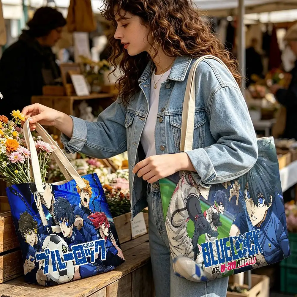 Football Anime B-Blue L-Lock pattern printed canvas tote bag, suitable for daily use, shopping, school, and travel