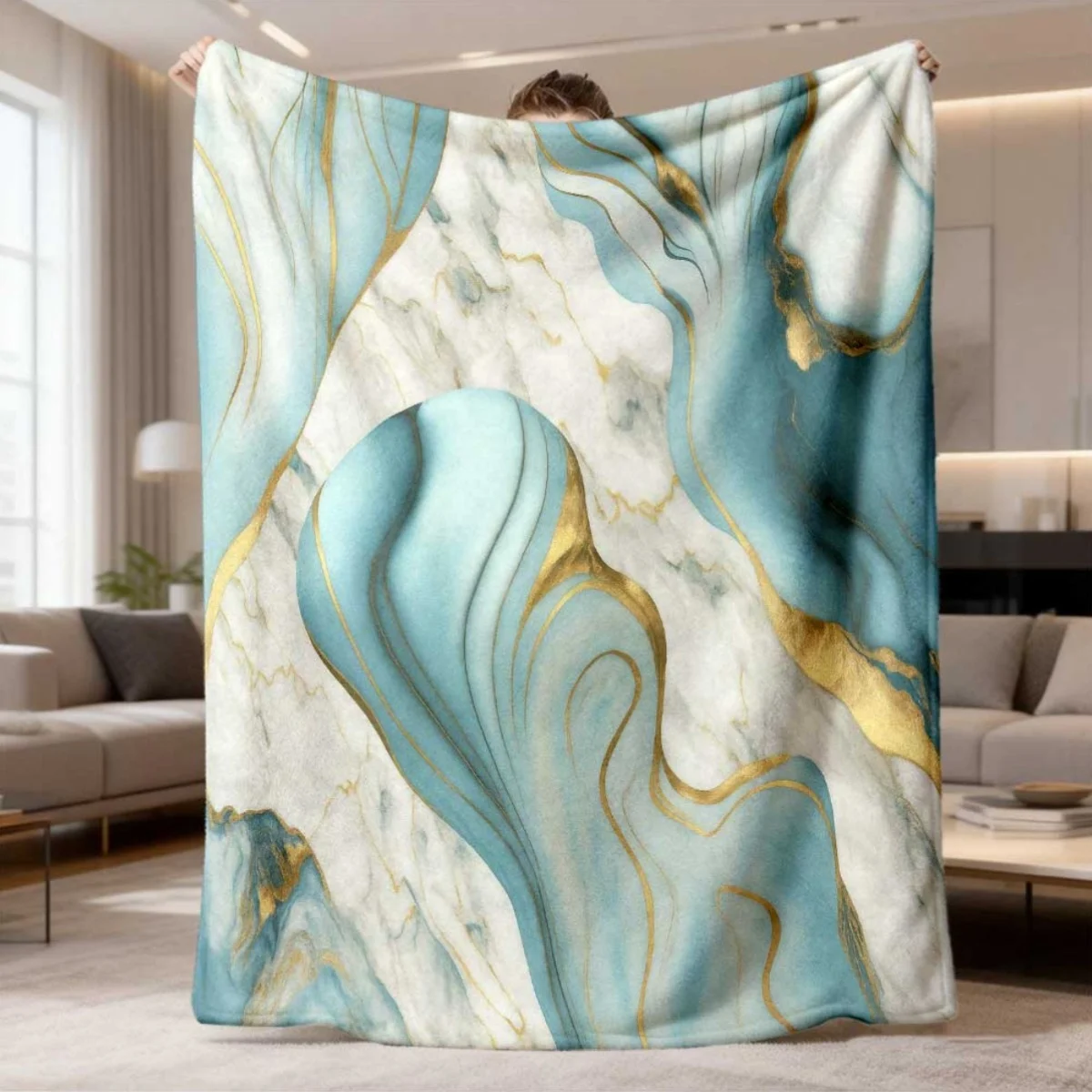 Teal White Marble Gold Fluid Swirl Print Flannel Throw Blanket, Soft Warm Sofa Cover, Modern Minimalist Bedroom Gift
