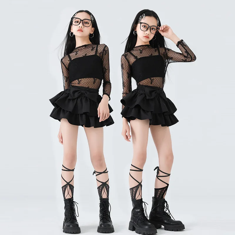Costume da ballo jazz per ragazze Top in rete di pizzo nero Gonna Catwalk Concerto Bambini Stile Kpop Abbigliamento da strada Abiti da spettacolo