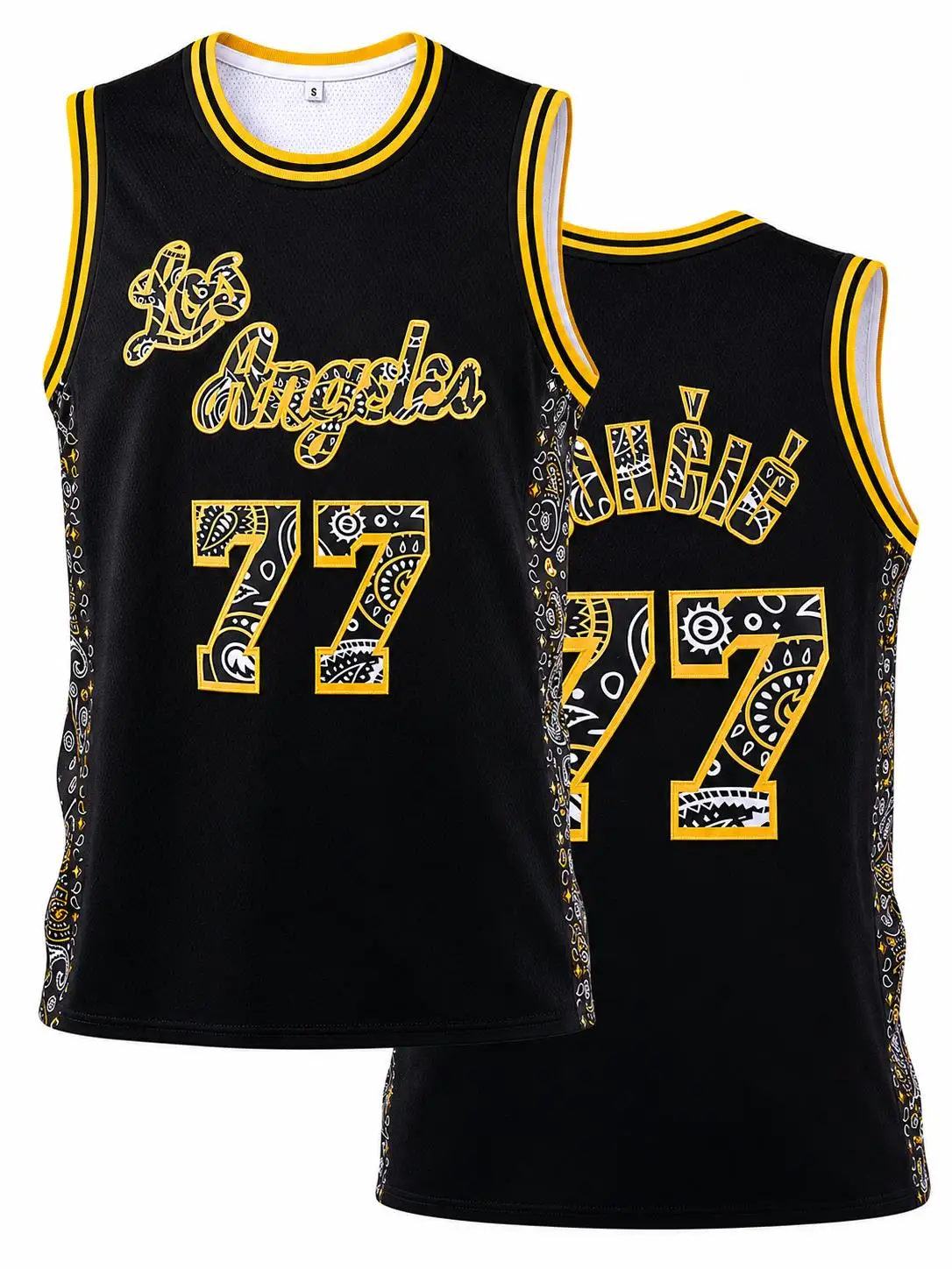Retro Doncic 77 Los Angeles Jersey Paisley Pattern Number Letter Print Sports Uniform Casual 3d Printed Vest Kids and Men Women