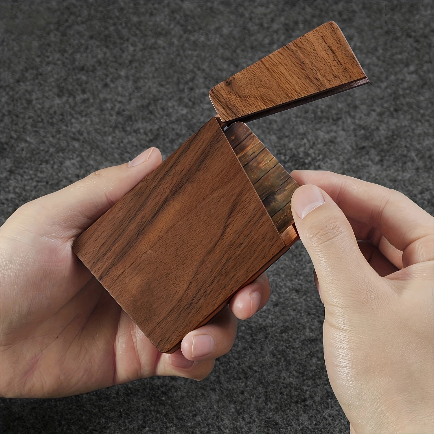 Elegant Men's Walnut & Beech Business Card Holder - Slim, Portable with Closure - Stylish Deep Brown Pocket Accessory