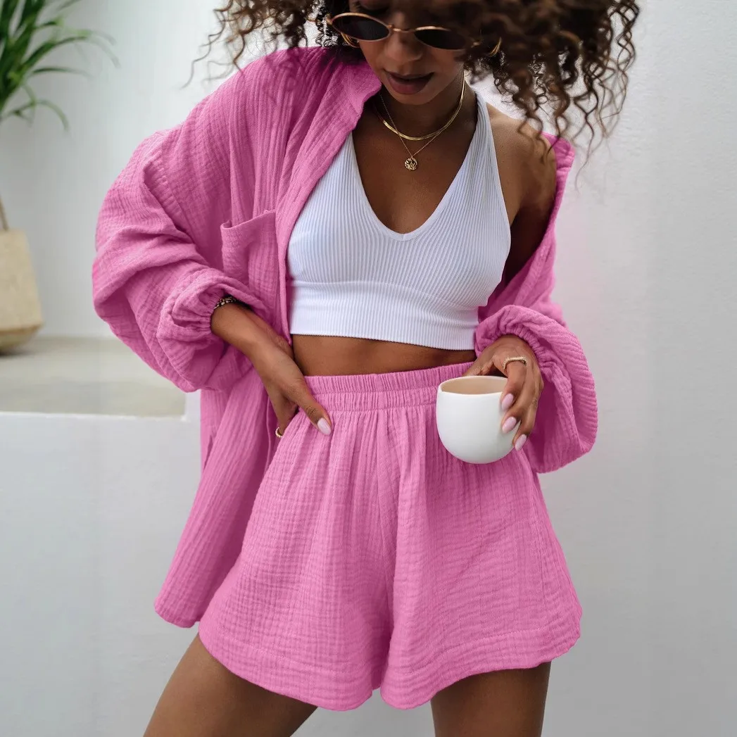 Long Sleeve Shorts Set with Collarless Medium Weight European and American Style Home Wear Wearable Outside for Women Autumn