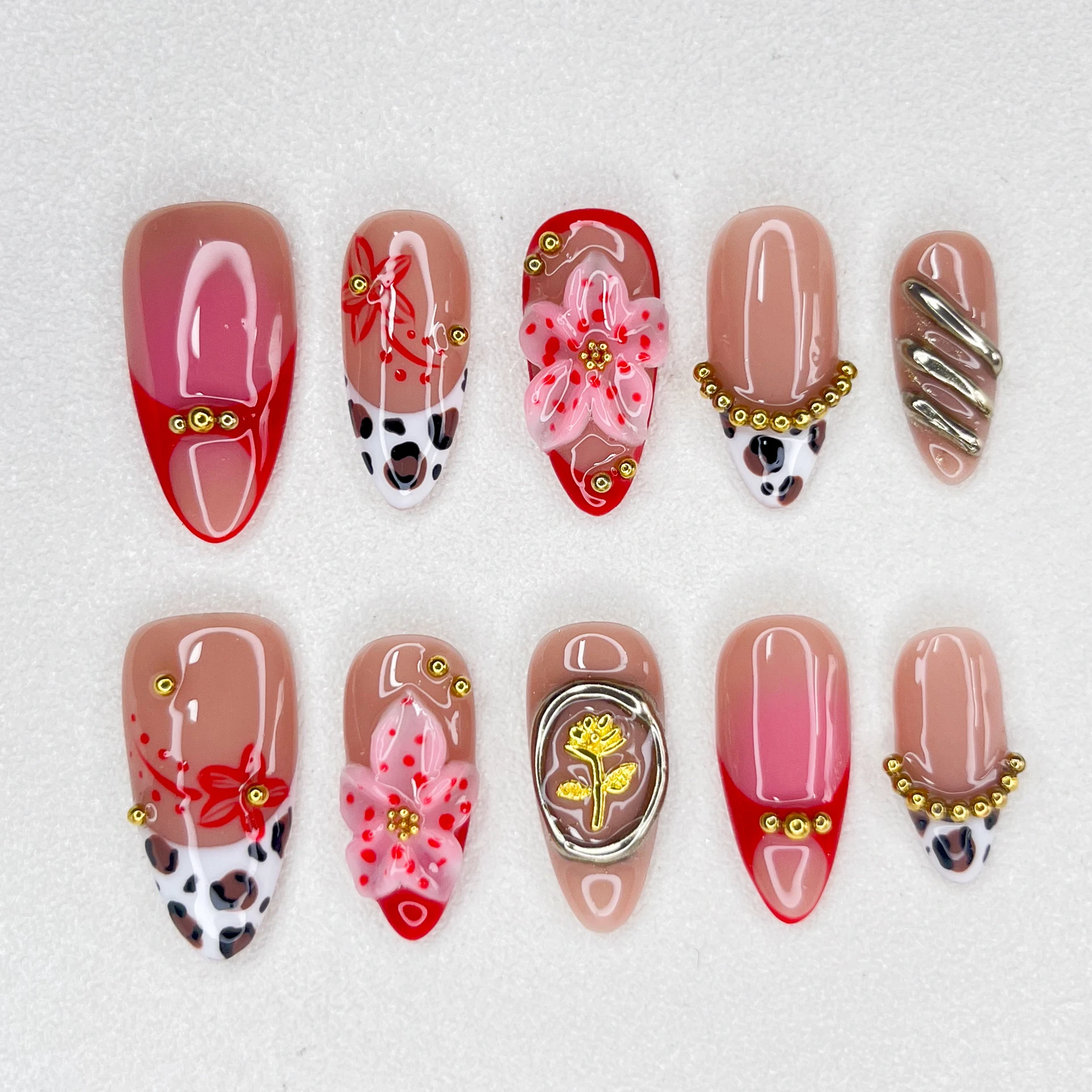 Handmade 3D Relief New Fake Nail Press on Nails Almond Length Flower Series Mandarin Duck Series Women's Nail Ornaments