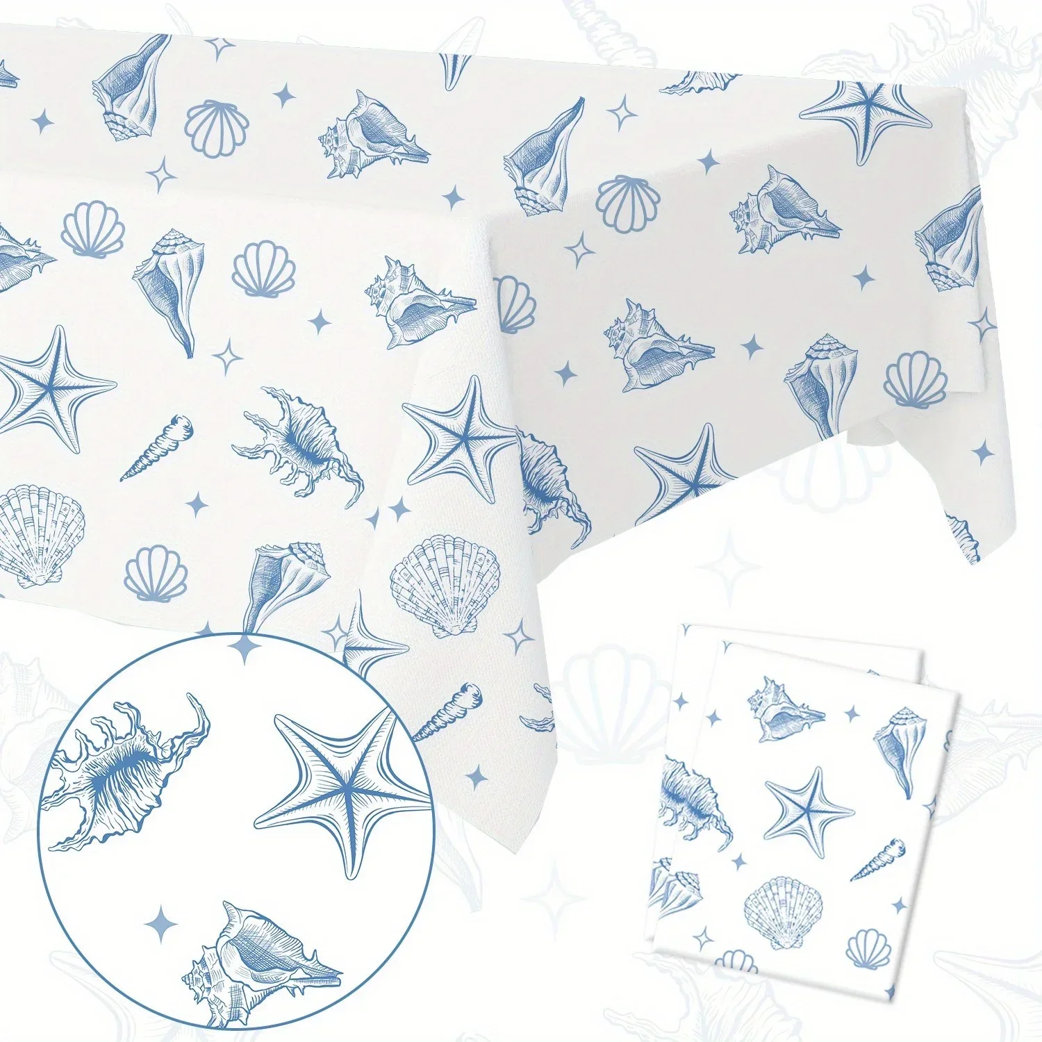 Coastal charm blue tablecloth, featuring sea star and shell designs - ideal choice for bachelor parties and photo boothsxzj