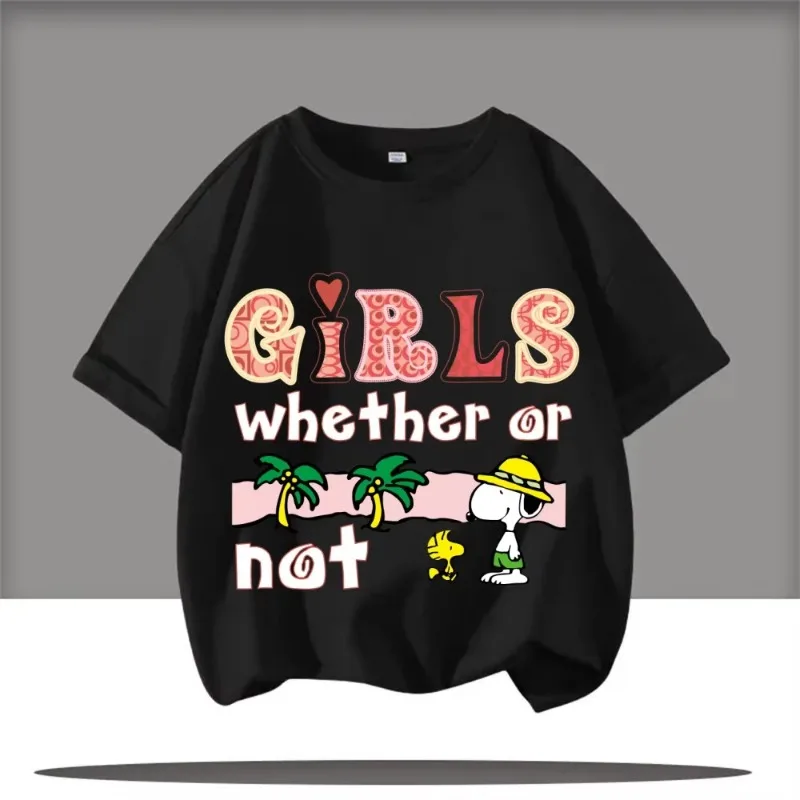 2026 صيف جديد شبكة مستديرة الرقبة تي شيرت تشارلي براون و سنوبي الكرتون أنيمي الأطفال الشارع العلوي القطن الخالص قصيرة الأكمام