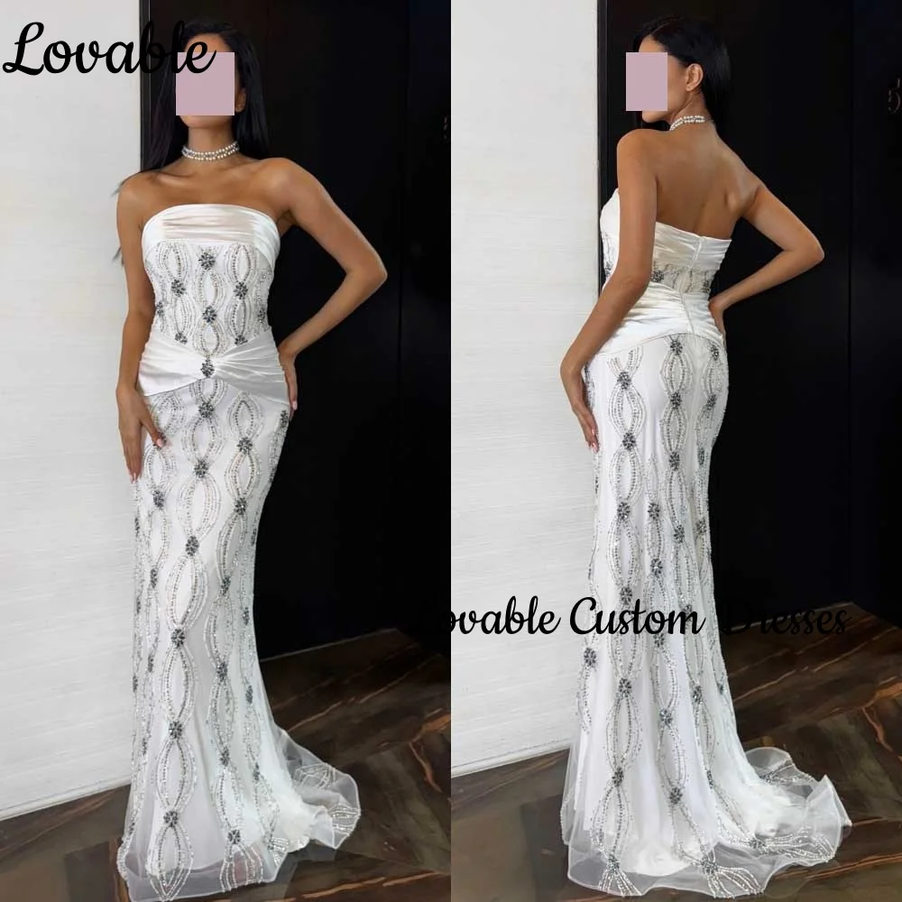 

Русалка белого цвета на заказ платья для торжественных случаев без бретелек с скользящим шлейфом и бисером женские вечерние платья на молнии без рукавов для выпускного вечера