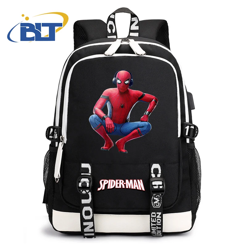 Spiderman print kids backpack student USB schoolbag casual black bag for boys