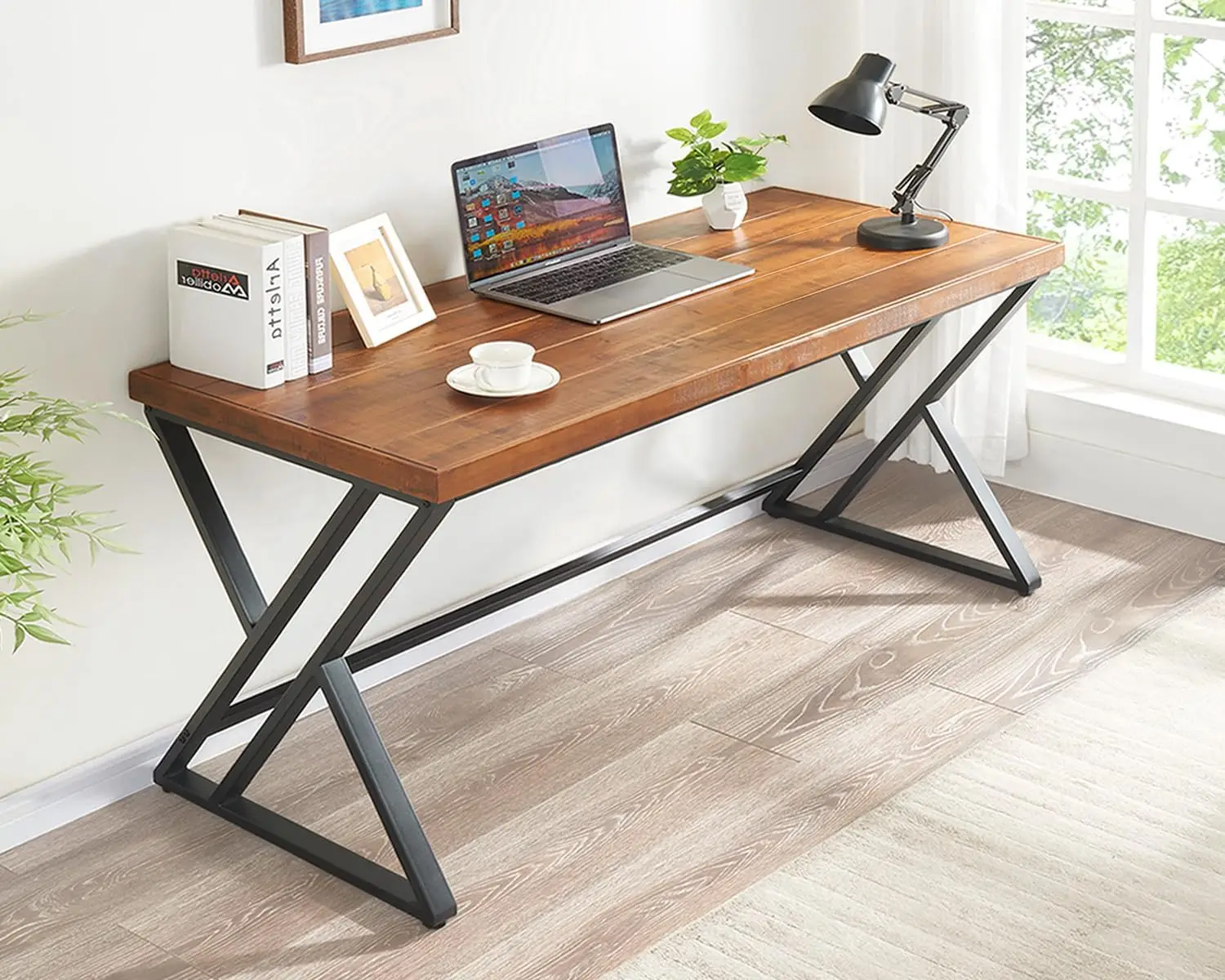 

Solid Wood Computer Desk, Modern Real Wood Home Office Desk, Long Rustic Farmhouse Natural Wood Writing Desk, Executive Workstat