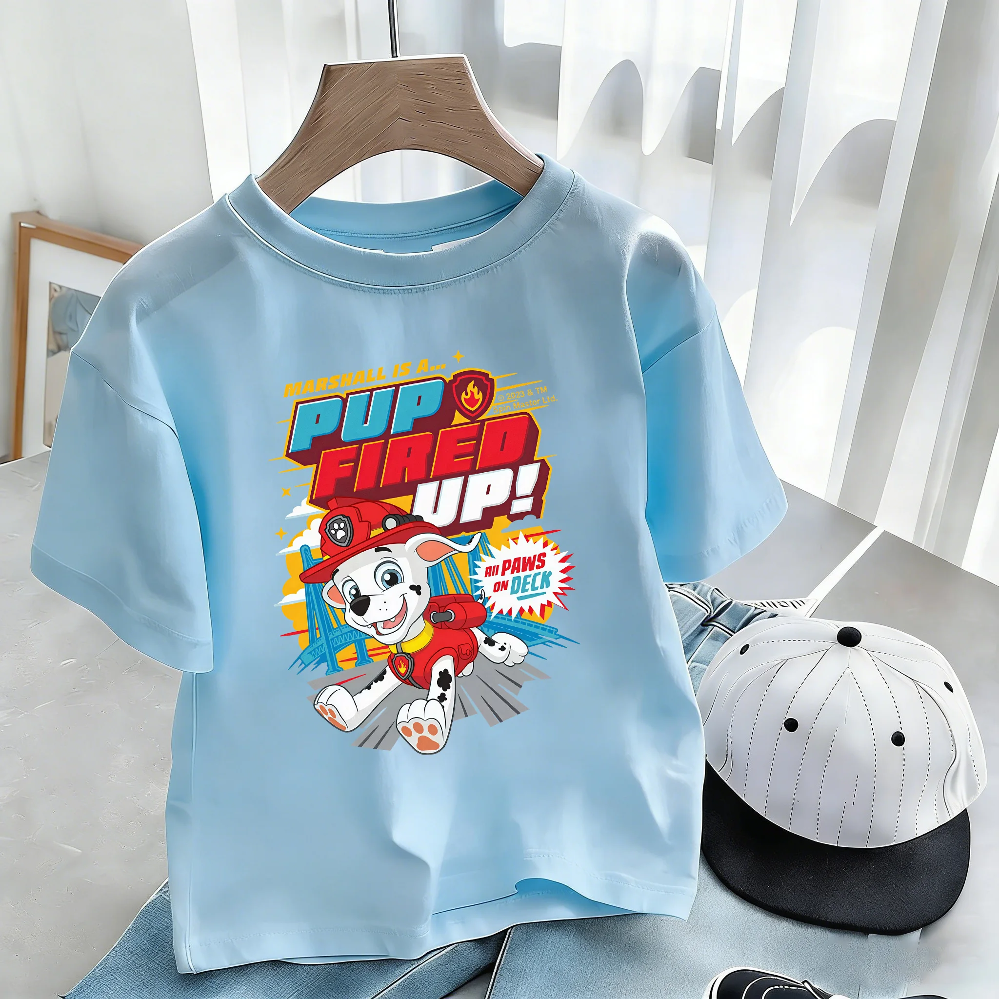 Camiseta azul claro de algodón con estampado de perro de bomberos Marshall de la Patrulla Canina para niños, camisetas informales de manga corta de verano para niños