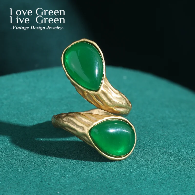 

Vintage Retro Rings Green Water Drop Natural Stone Open Antique Gold Color Designer Jewelry For Woman Brand Accessories Luxury