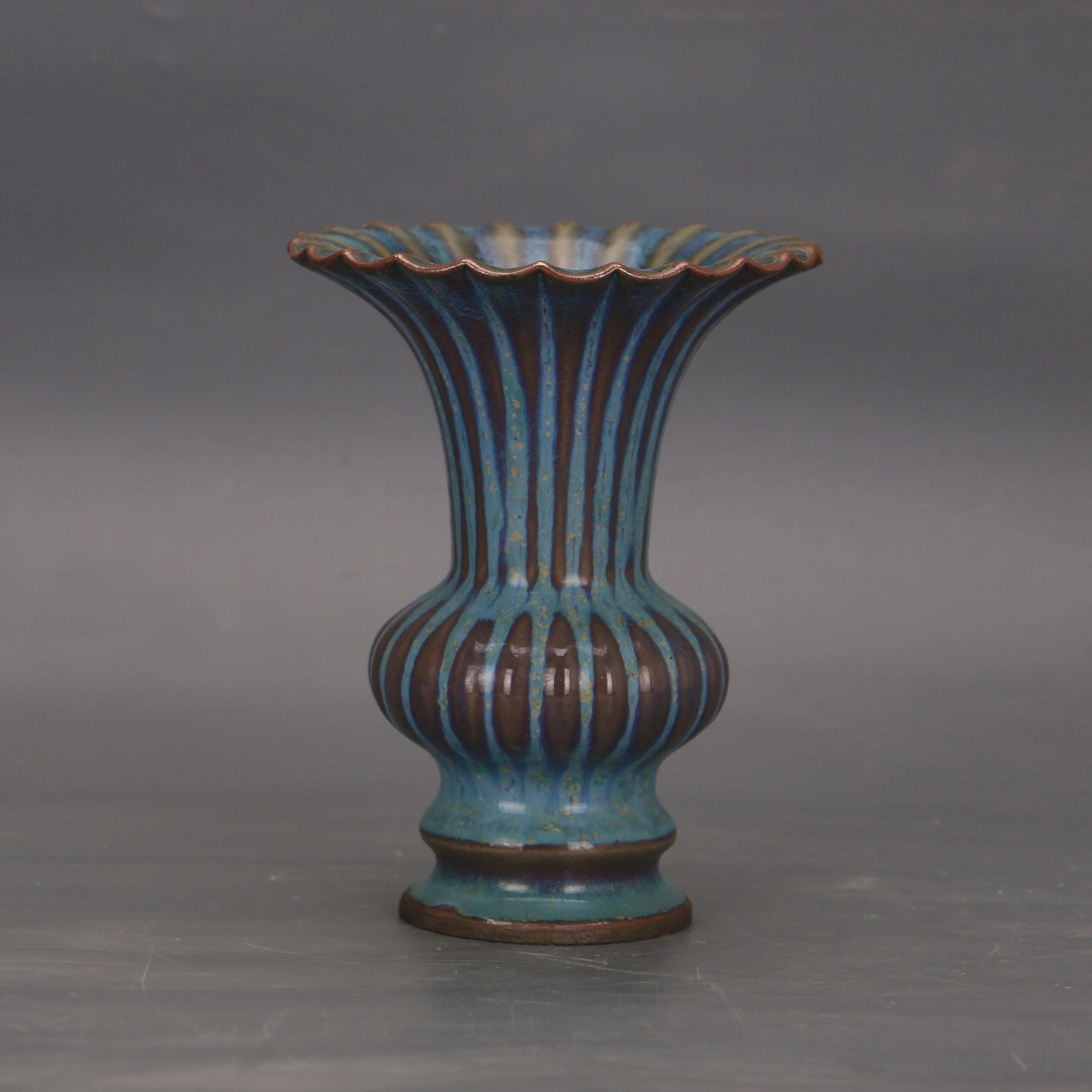 Jun Kiln KilnTransmutation Melon Edged Flower Vase Antique Porcelain Fully Handmade  Decoration Vase Collection Ornament
