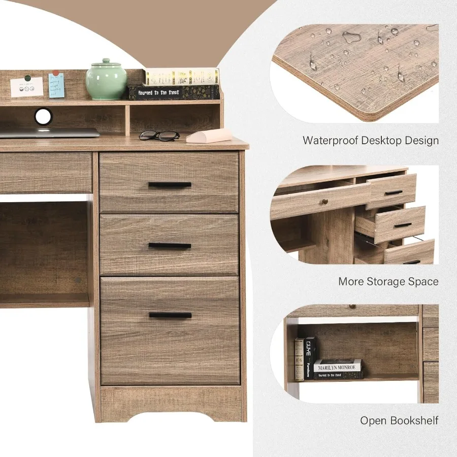 Computer Desk with 4 Drawers and Hutch Wood Executive Desks with File Drawer and Shelves Small Desk Study Table for Bedroom Stu