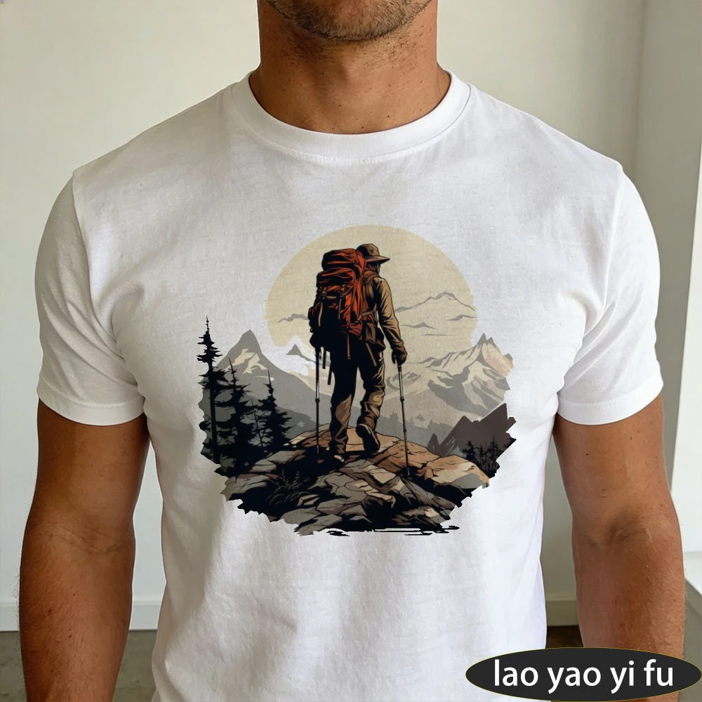 Lone Backpacker Alpine Summit Graphic T Shirt Men Clothes Solitary Travel Print Top Summer Exploration Round Neck Shirt