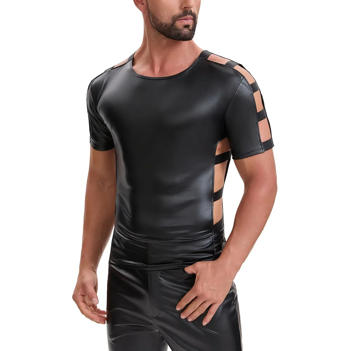 Neues, ausgehöhltes Bandage-PU-Leder-Kurzarm-T-Shirt, Fitness-Top, elastisches Muskelshirt, Gym-T-Shirts, Hot Shapers Shapewear – Detail 3