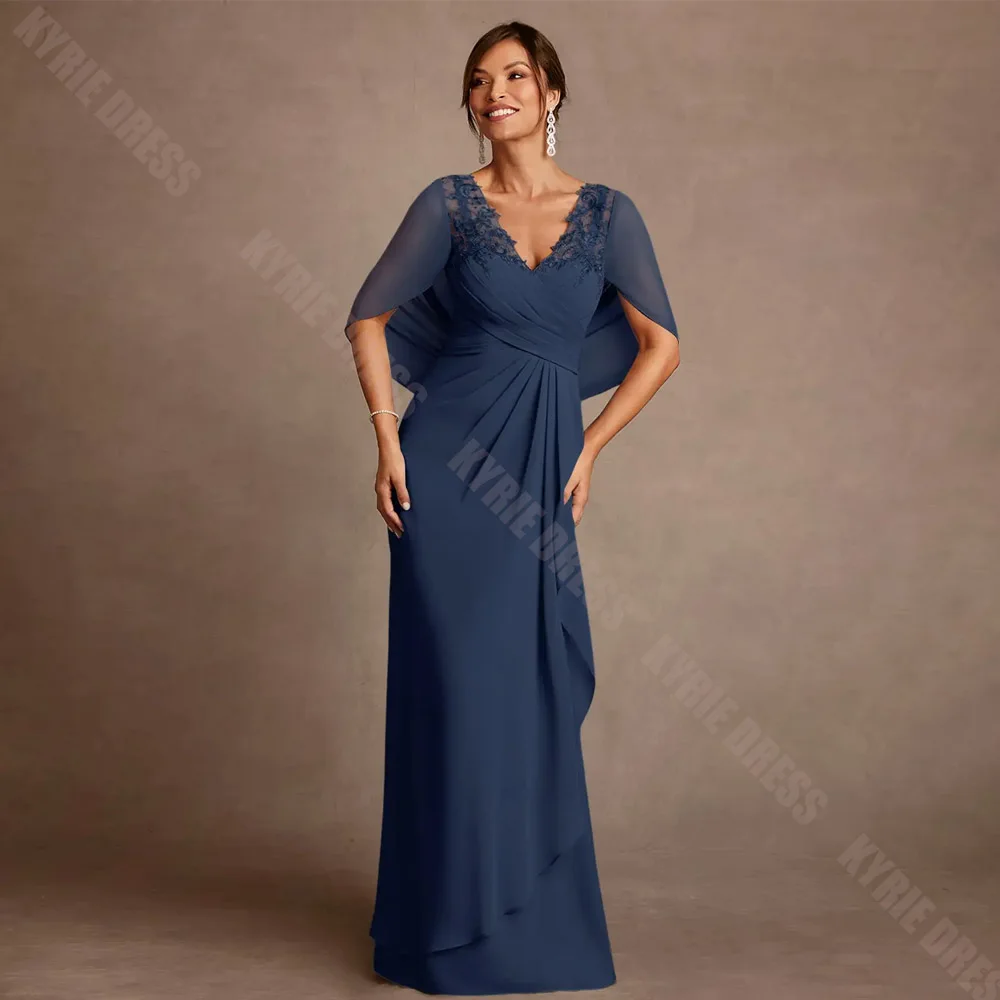Customized Mother of The Bride Dress 3/4 Sleeves with Cape V Neck Lace Applique A Line Chiffon Wedding Guest Gowns Party Dresses