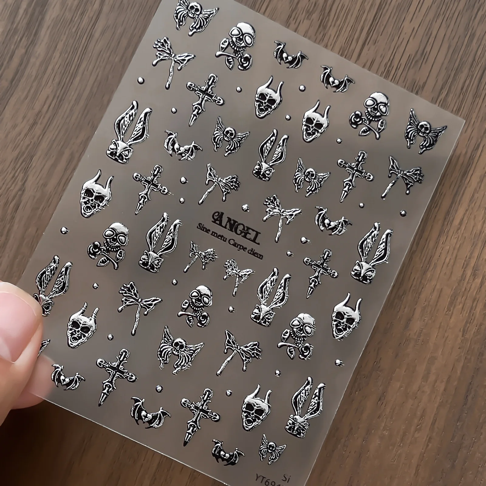 5D Punk Dark Style Halloween Nail Stickers Gothic Devil Skull Bunny Cross Wing Bat Decals Retro Gold Silver Manicure Accessories