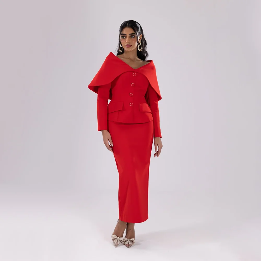 Red Simple Evening Dreeses with Button Cloak Long Sleevles Prom Gowns Customized Straight Ankle Lenght Wedding Guest Party Dress
