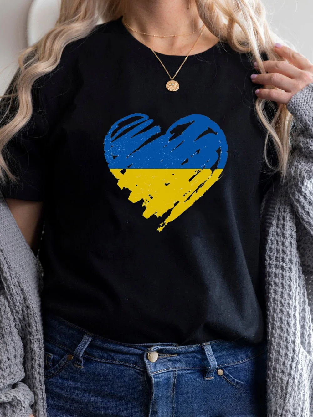 Heareat – T-shirt imprimé bleu jaune pour femme, haut Faion Y2K Sle ort Sve pour fille, pour la saison d'automne, autres matériaux 00%