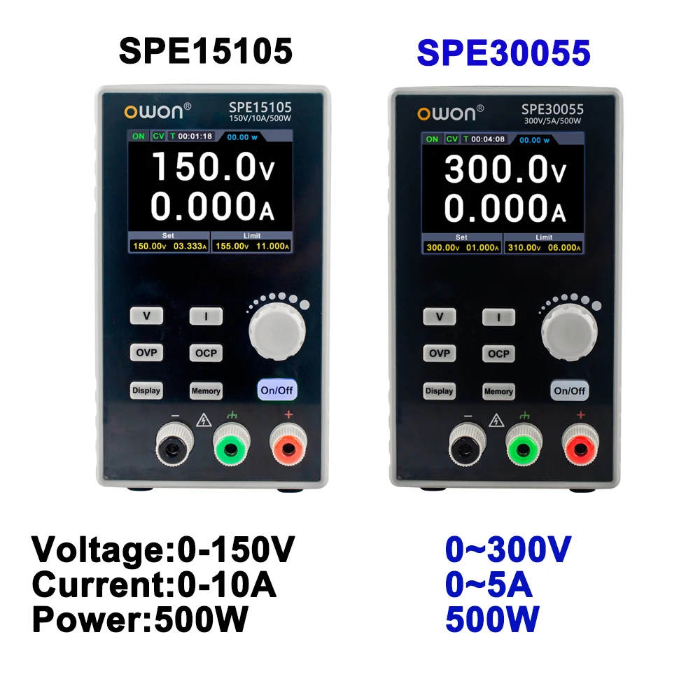 Fonte de alimentação OWON 500W DC SPE15105 SPE30055 150V/300V 10A/5A OVC OVP OTP USB/RS232/RS485/LAN LCD de 2,8 polegadas DC regulado