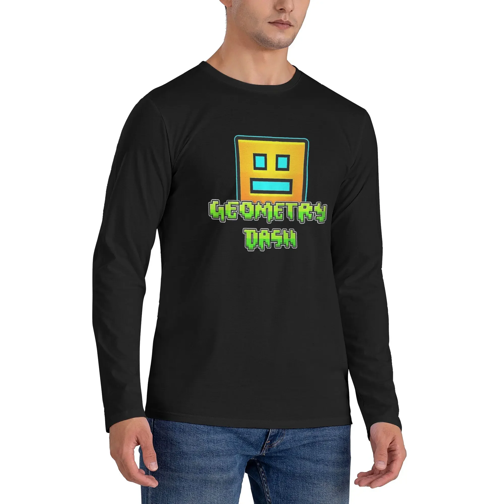 

Video Game Geometry Dash Men's Long Sleeved T-shirt Breathable Round Neck T shirts Spring and Autumn Men tops