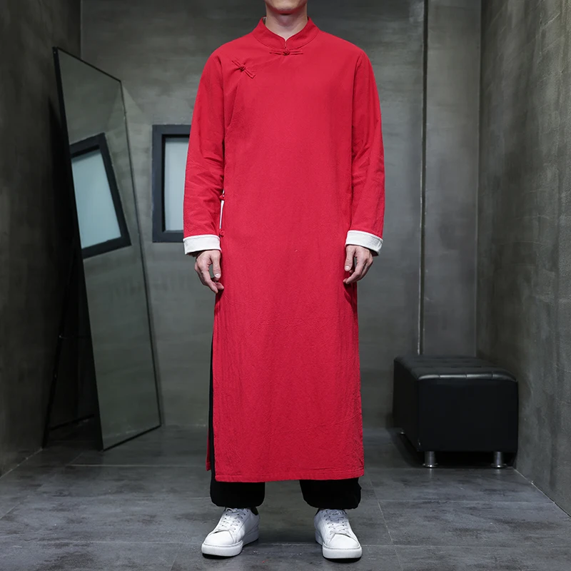 2025 رجل الكتان الطبيعي القطن طويل جدا الجلباب الرجال الكونغ فو تاي تشي رداء زي عبر الحديث ثوب شيونغسام فستان الزفاف