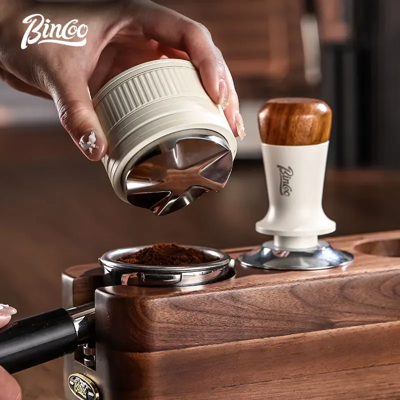Bincoo 51/58MM Espresso Dispenser with Wooden Lid Adjustable Depth Coffee Masher Leveler Combination Set Home Barista Tools