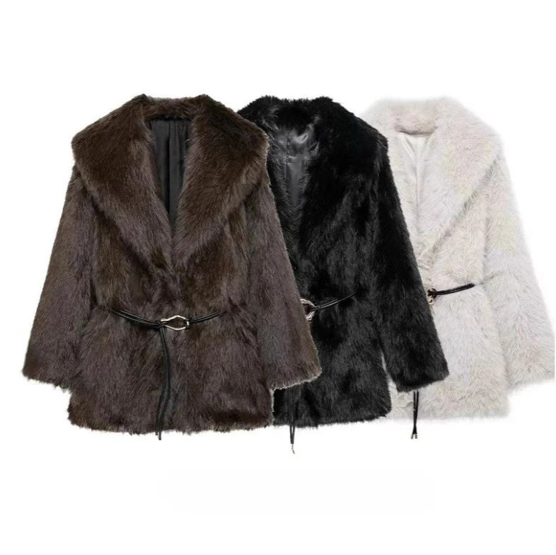 

2026 Winter Women‘s Belted Faux Fox Fur Coat - Thick Warm Brown Long Jacket, Chic Brand Fashion Furry Overcoat
