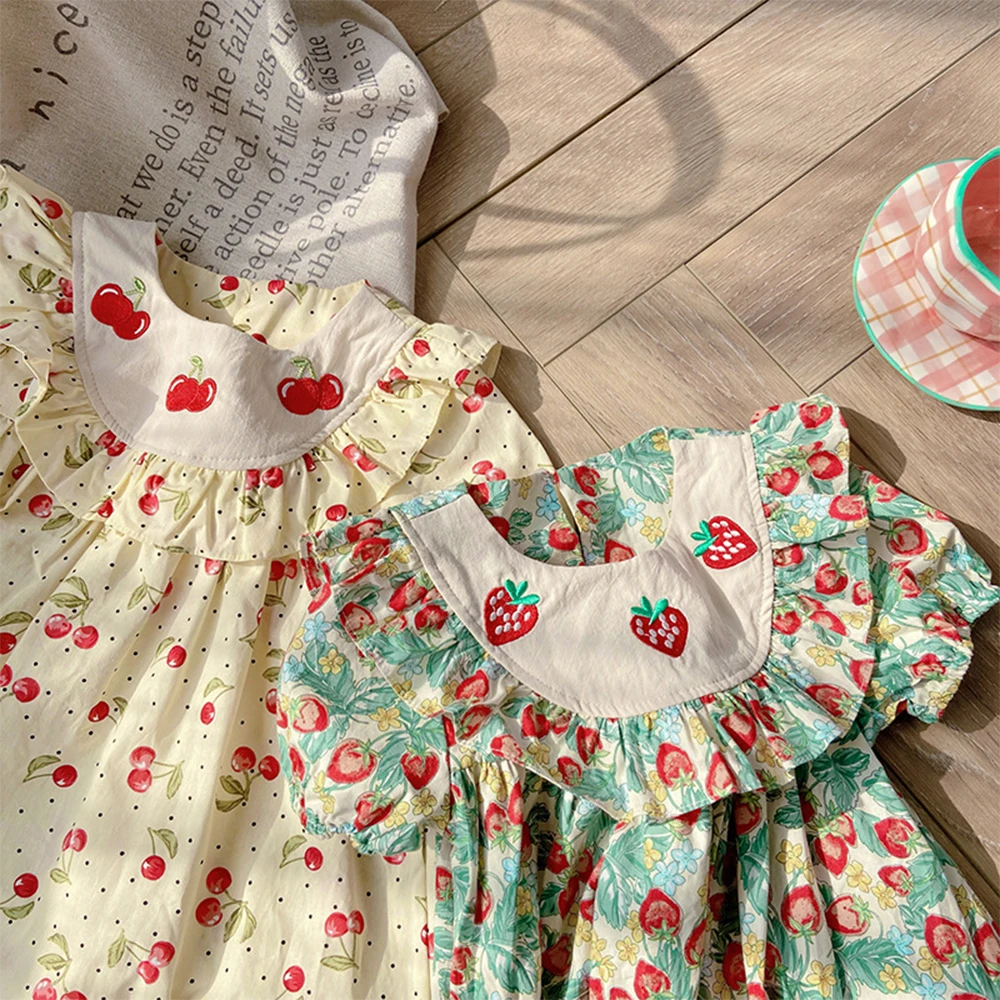 Girls Strawberry Embroidery Dresses New Summer Short Sleeves Cherry Print Princess Dress for Kids Casual Clothing 2-7 Years