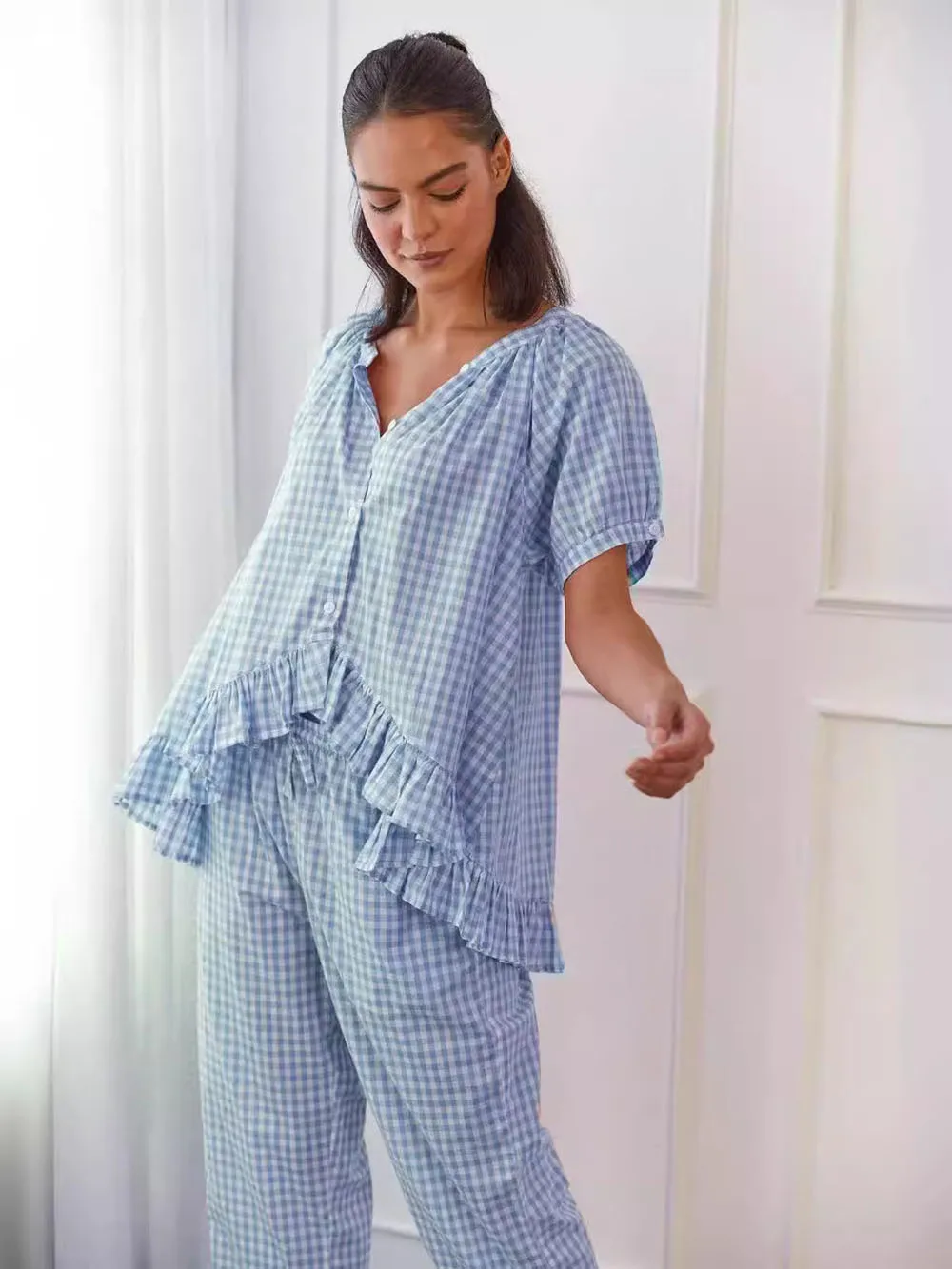 

Hot Sale Pure Cotton Plaid Pattern Pajama Set Ruffle Design Shirt Casual Style Soft Comfortable Loungewear Sleepwear For Women