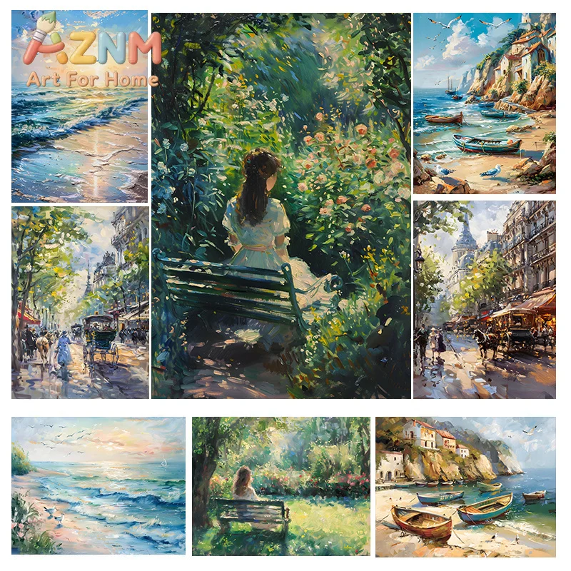 Monet Impression Parisian Street Beach Sunrise Scenery Posters Abstract Oil Painting Diamond Picture Wall Art Office Home Dec