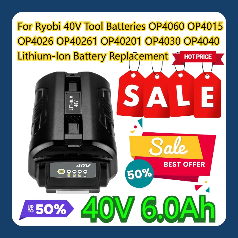 

For Ryobi 40V Tool Batteries OP4060 OP4015 OP4026 OP40261 OP40201 OP4030 OP4040 40V 6.0Ah Lithium-Ion Battery Replacement