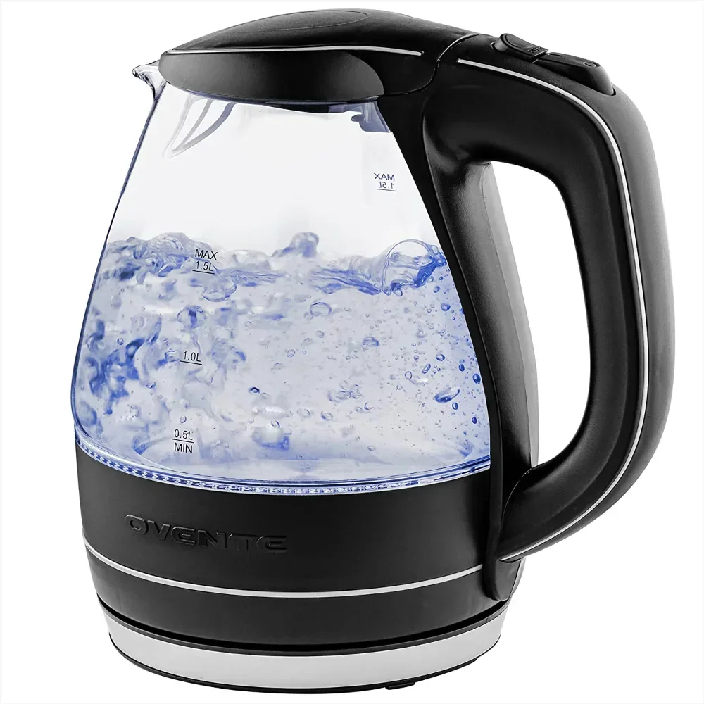 Portable Electric Glass Kettle 1.5 Liter with Blue LED Light and Stainless Steel Base, Fast Heating Countertop