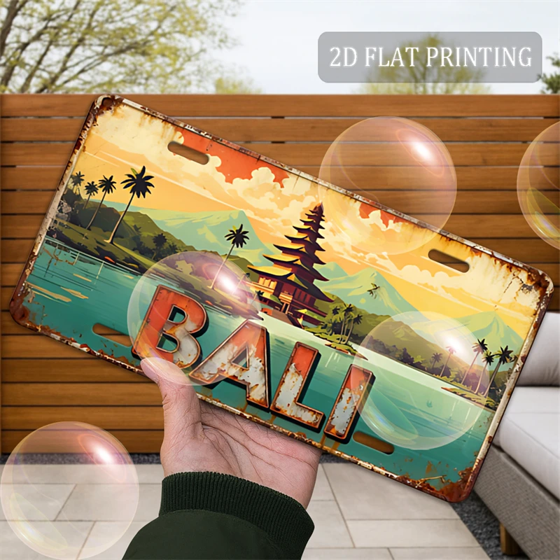 2D Flat, [2D Flat] 1pc, 2D Flat, Vintage Metal Sign, 12.0inch X 6.0inch, Bali Coastal Temple and Tropical Palm Forest Landscape