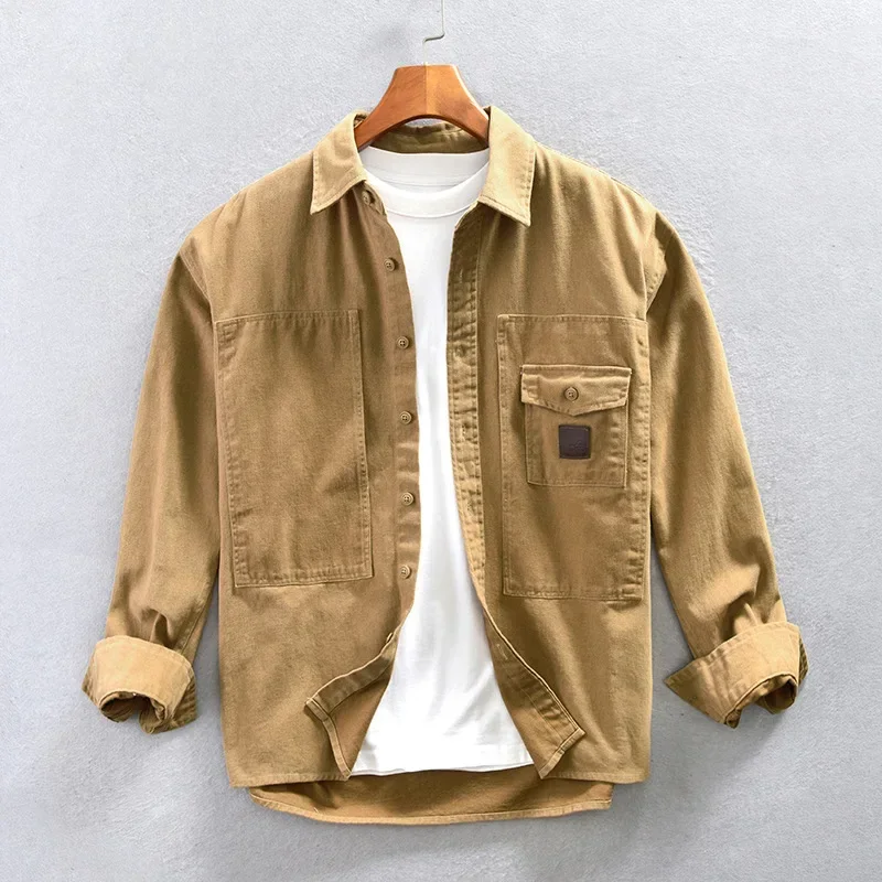 

Japanese Style Cargo Shirt Men Spring Autumn Streetwear Mens Long Sleeve Shirts 100% Cotton Khaki Shirt Loose Vintage Overshirt