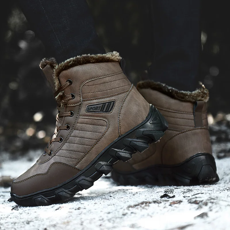 Zapatos de cuero genuino para hombre, botas de nieve cálidas para senderismo, impermeables, Zapatillas altas para exteriores, botines para caminar, Invierno