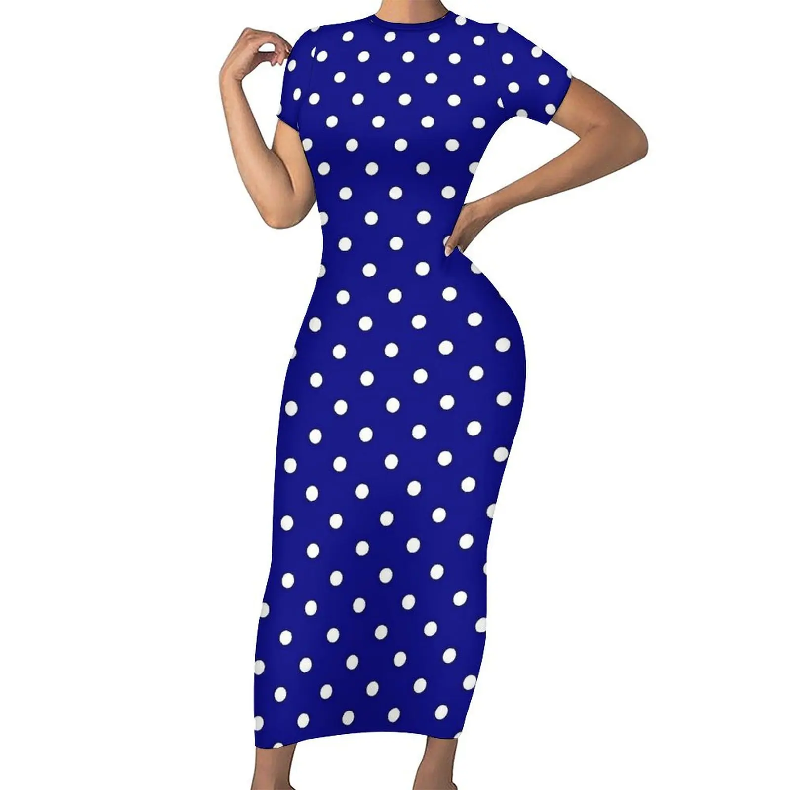 Blue Polka Dots Bodycon Dress Woman Vintage Print Night Club Maxi Dresses Summer Short Sleeve Street Wear Design Oversized Dress