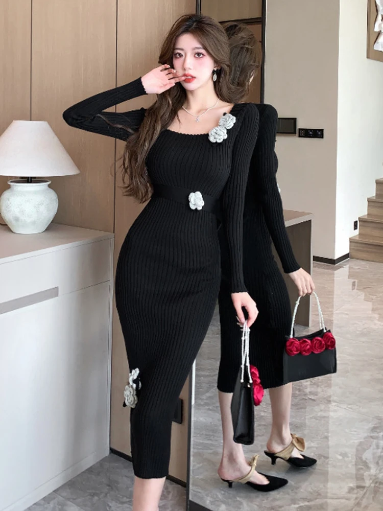 Women Clothes Knitted Sweet Solid Floral Square Neck Skinny Pencil Dress Ladies Sweater Casual Stretchy Robe Mujer Vestidos New