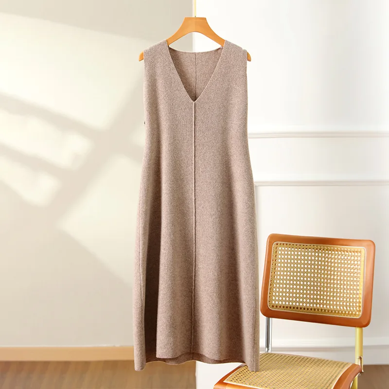 2024 Women's Autumn and Winter New Loose 100% Pure Wool V-neck Fashionable Solid Color Pullover Vest Knitted Dress Inside