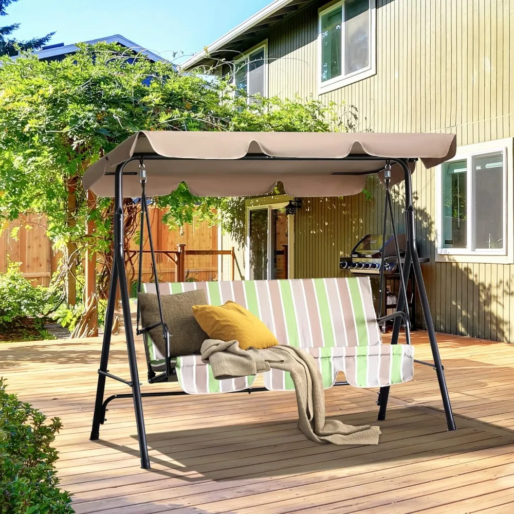 3-Seat Outdoor Patio Swing Chair with Removable Cushion, Steel Frame Stand and Adjustable Tilt Canopy for Patio, Garden