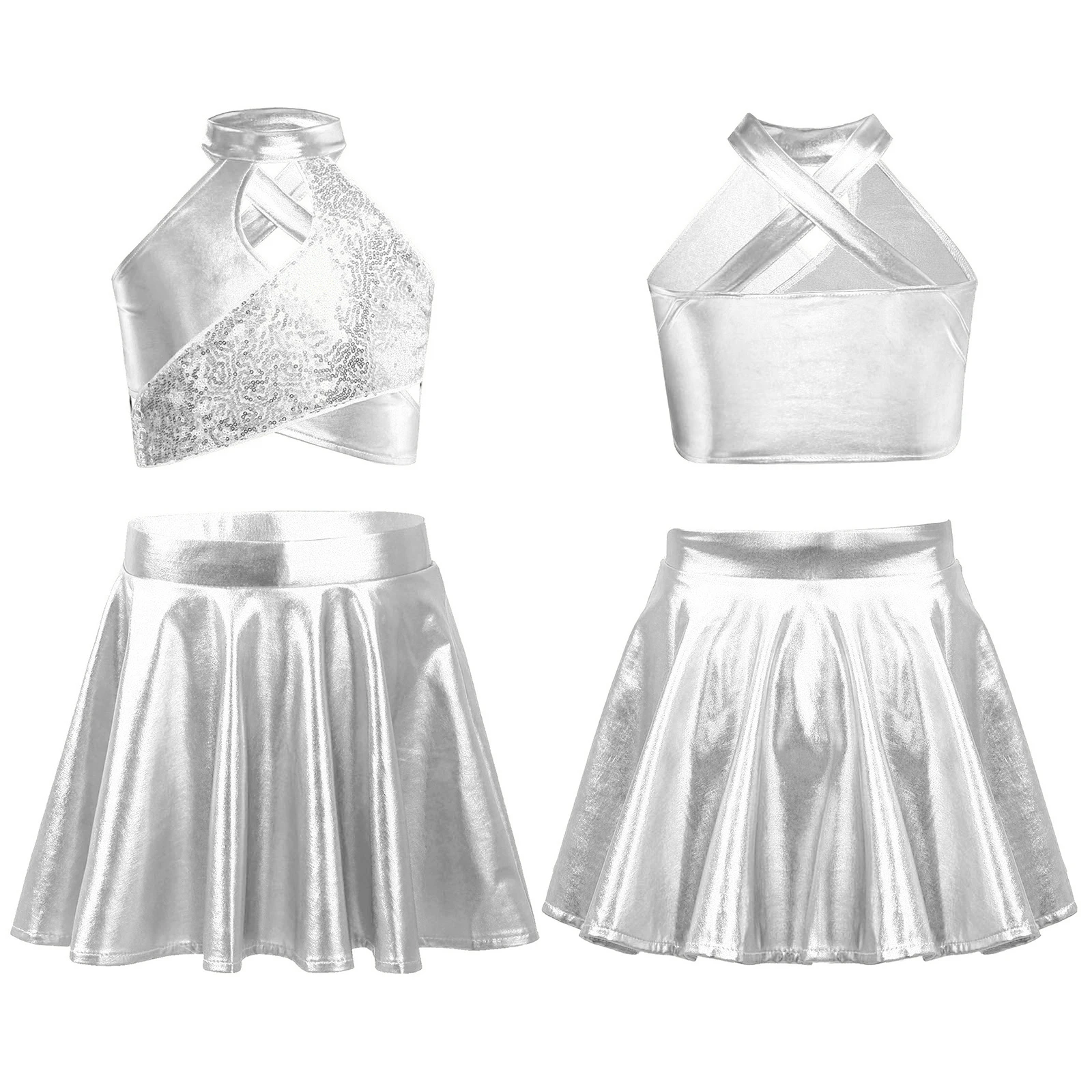Shiny Girls Cheerleading Uniforms Cheerleader Latin Jazz Dance Performance Costume Sequin Crop Top Skirts Ballet Dance Outfits