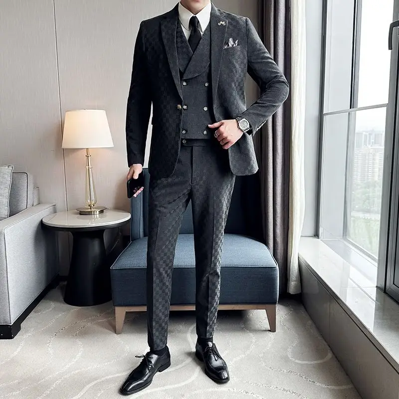 

Men's 2 Piece Set Suit Slim Fit Trendy Plaid Professional Formal Wear Groom Handsome Wedding Suit
