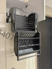 Double Body Pull-Down Lifting Storage Basket, Kitchen Cabinet Elevator Rack for Overhead and Refrigerator Top Cabinets