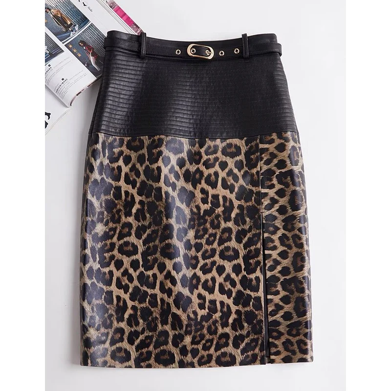 

2024 New Spring Women Genuine Leather Skirt Feminino Slim Leopard Pattern Split Wrapped Jupe Mujer Mid Length Striped Belt Saia