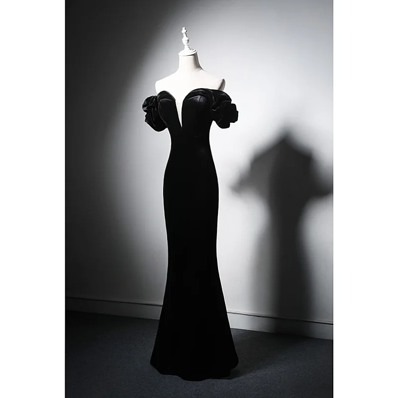 

Платье-годе с открытыми плечами, черное платье без бретелек, вечернее платье для выступлений, черная юбка